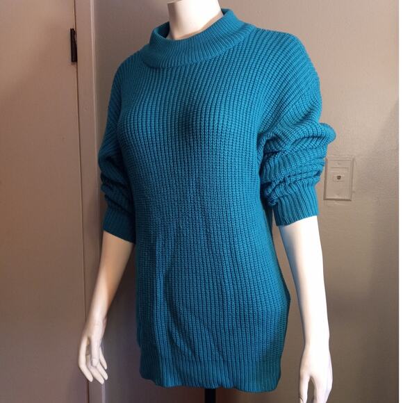 Vntg 80s Turquoise Emerald Green Chunky Knit Sweater Cozy Core Dopamine Dressing - Picture 7 of 10